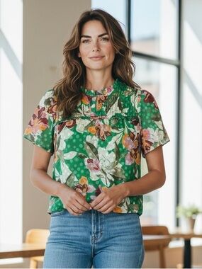 NWT New Women's LG Adelyn Rae Top Blouse Shirt Green Floral Geri Jacquard